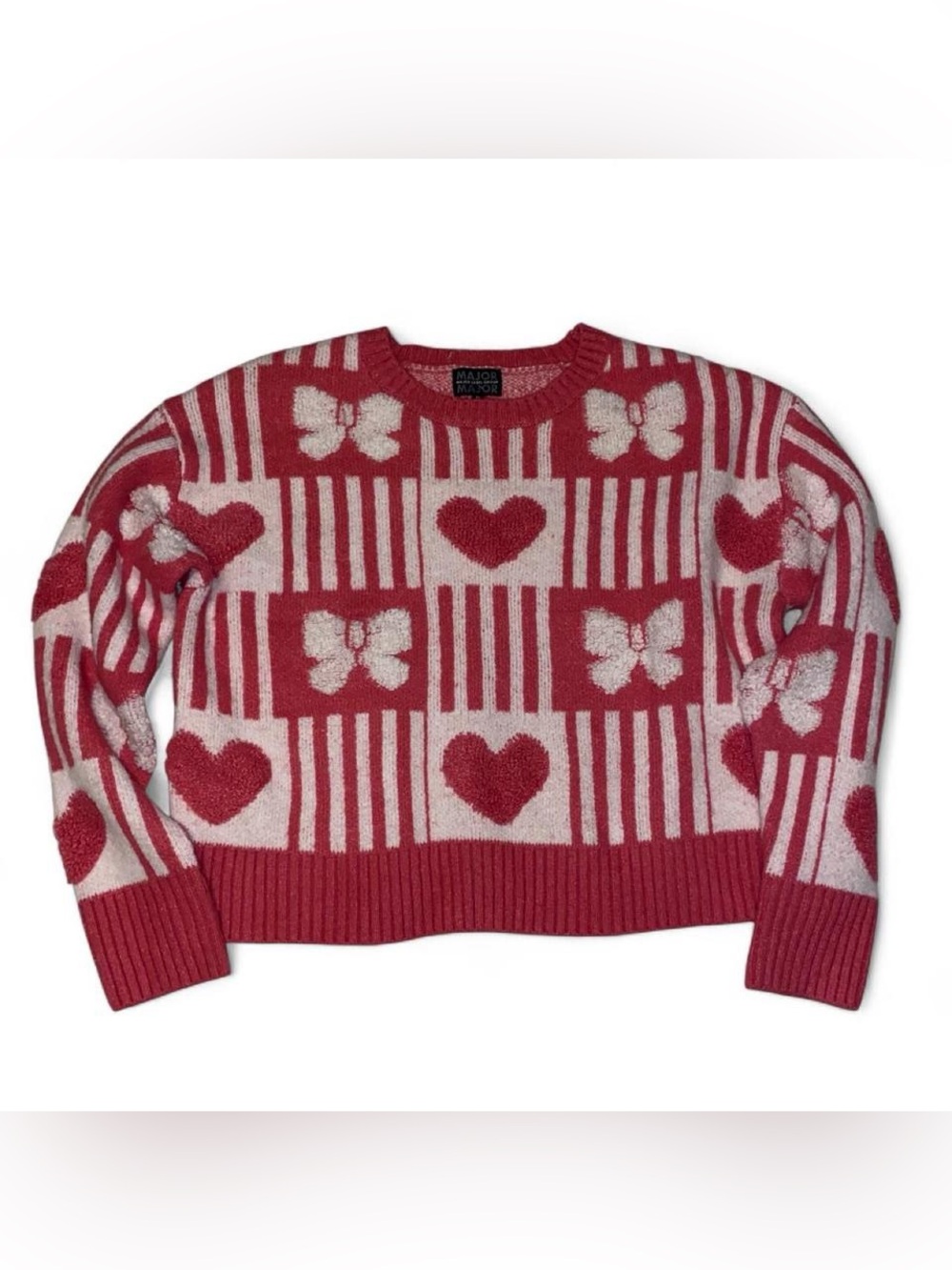Pink and White Heart and Bow Crewneck Knit Sweater